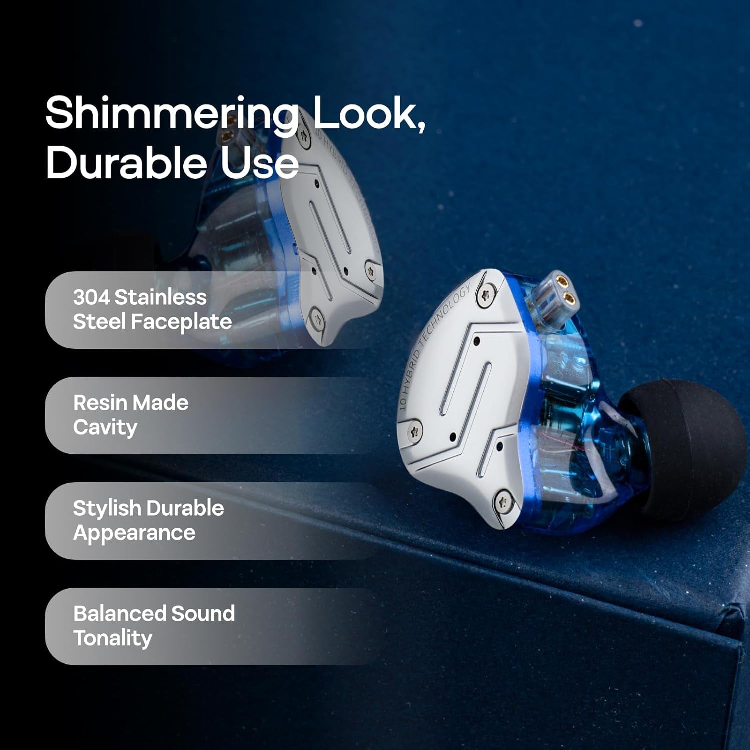 KZ ZS10 Pro, 4BA+1DD 5 Driver in Ear Monitor, Hifi Wired Earbuds, Gaming Earbuds, Hybrid IEM Earphones with Stainless Steel Faceplate, Detachable Cable for Musician (Without Mic, Blue)