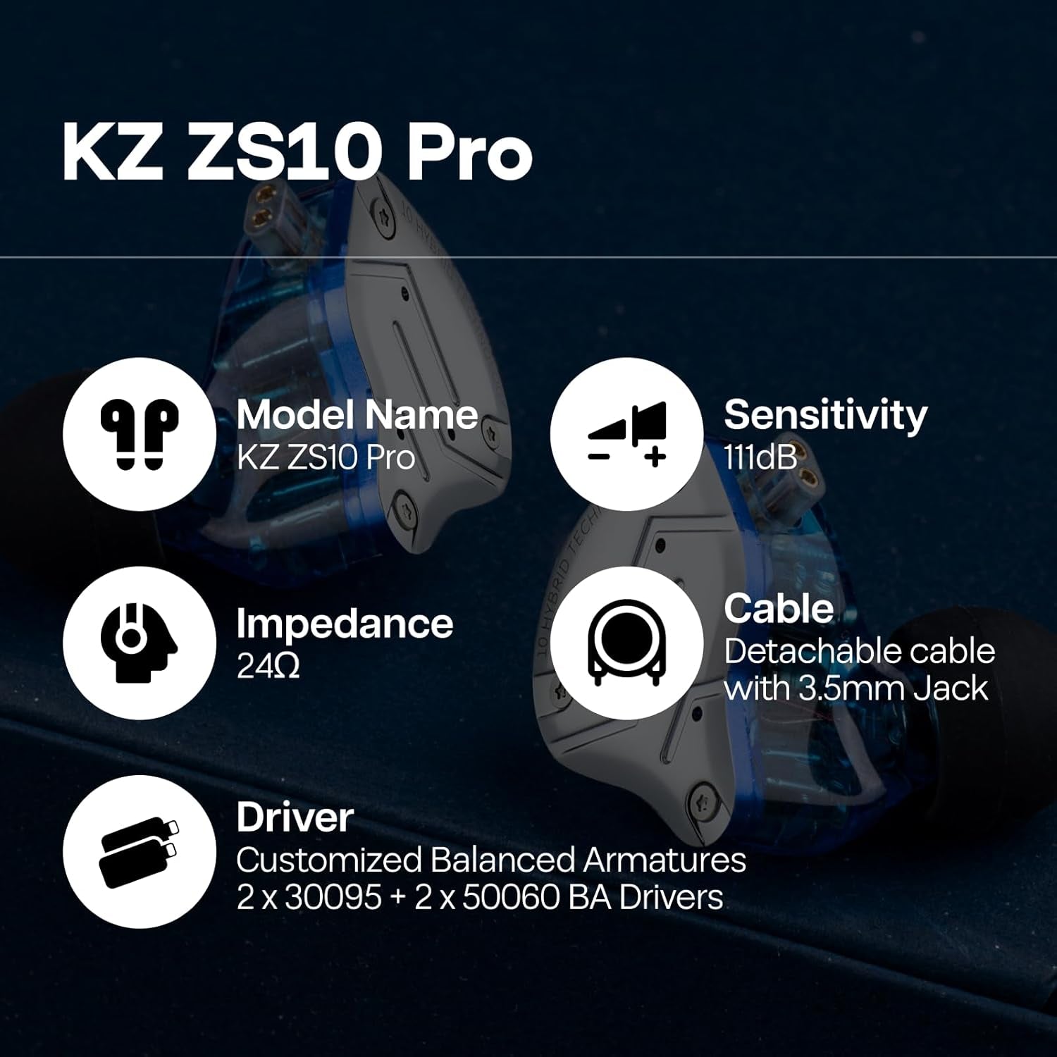 KZ ZS10 Pro, 4BA+1DD 5 Driver in Ear Monitor, Hifi Wired Earbuds, Gaming Earbuds, Hybrid IEM Earphones with Stainless Steel Faceplate, Detachable Cable for Musician (Without Mic, Blue)