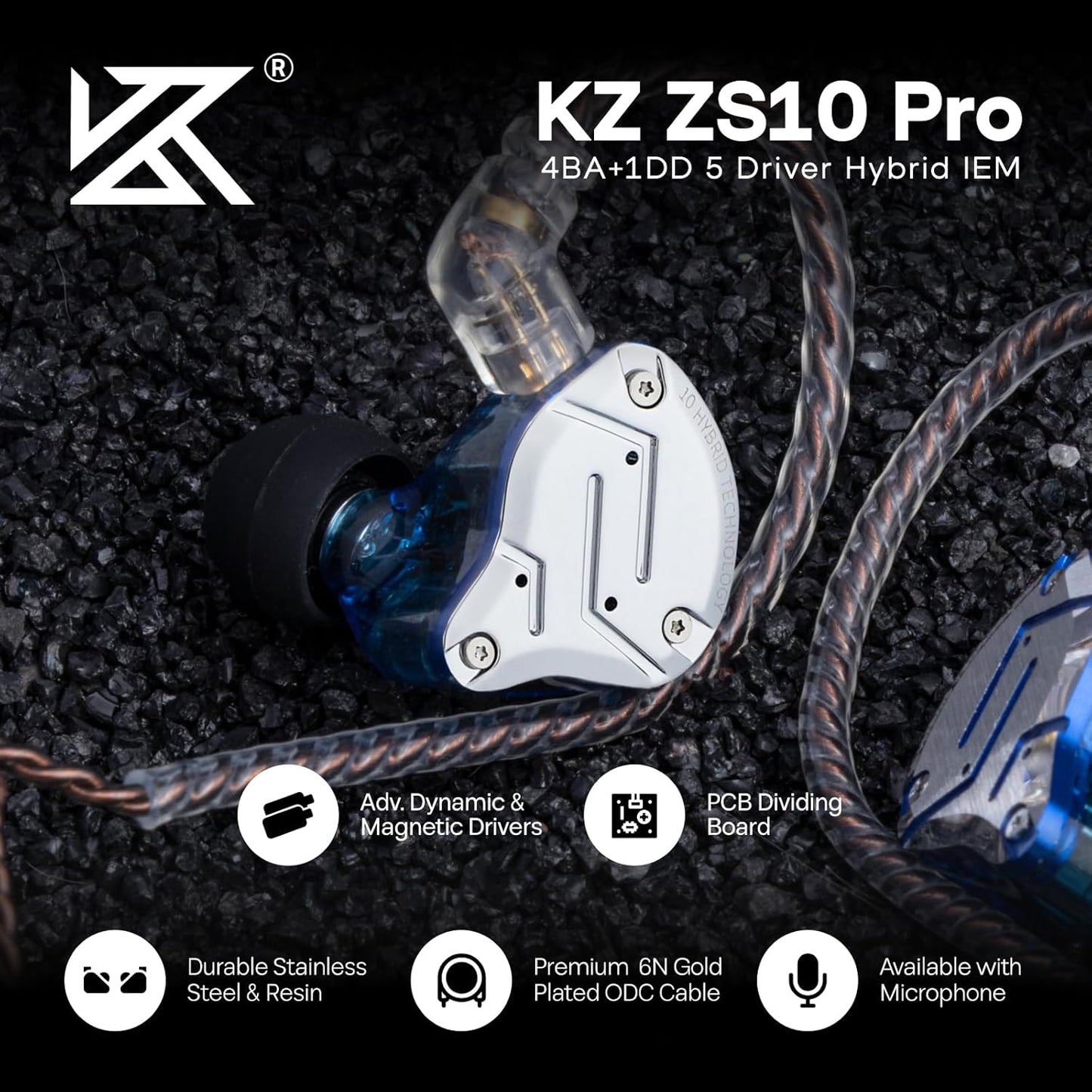 KZ ZS10 Pro, 4BA+1DD 5 Driver in Ear Monitor, Hifi Wired Earbuds, Gaming Earbuds, Hybrid IEM Earphones with Stainless Steel Faceplate, Detachable Cable for Musician (Without Mic, Blue)