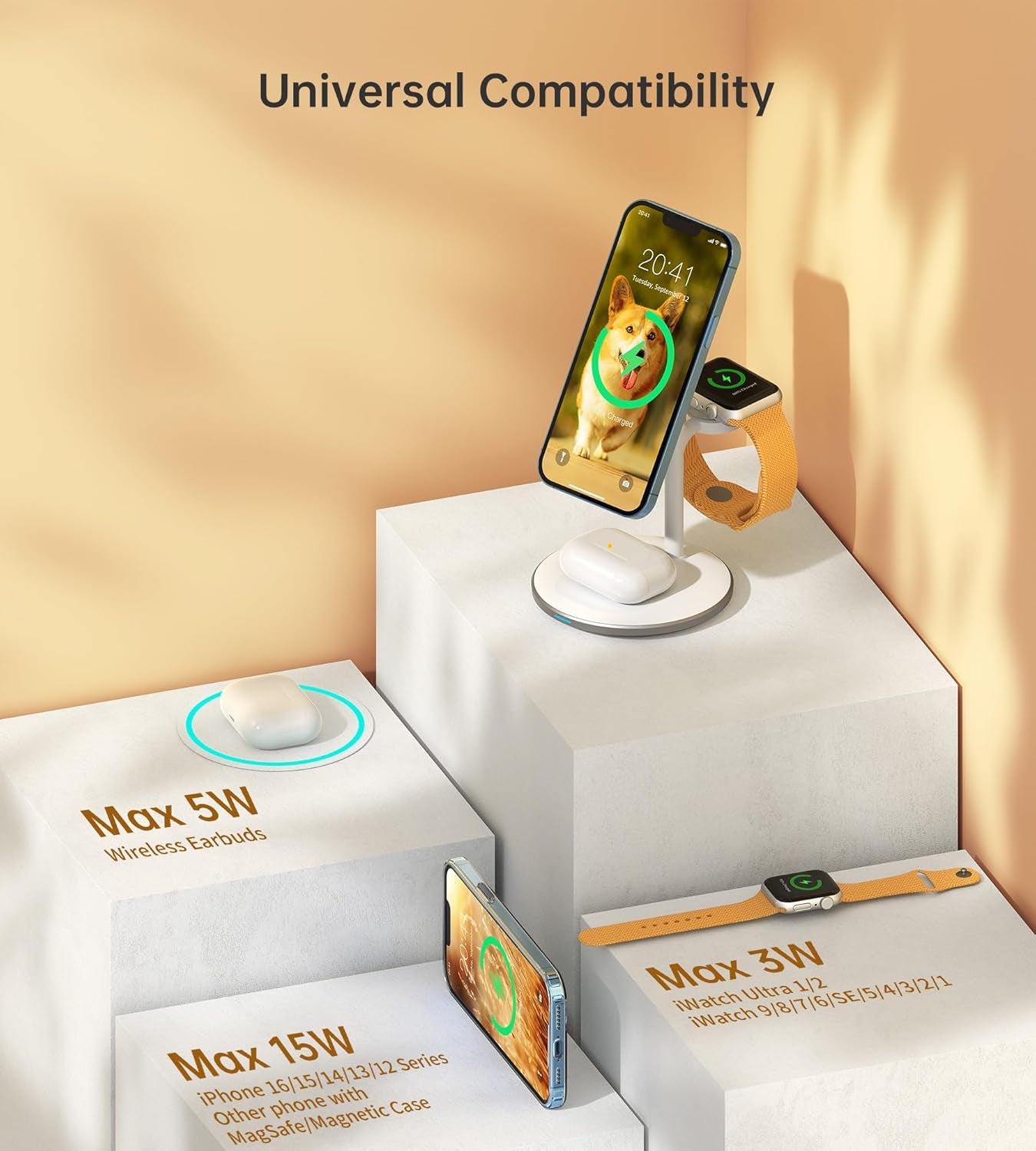 3 in 1 Wireless Charging Station for Apple Devices, 15W Fast Wireless Mag-Safe Charger Stand with 20W Dapter for Iphone 17 16 15 14 13 12 Pro Max/Air/Plus/Pro/Mini,Iwatch Ultra 1,2 S9/8,Airpods