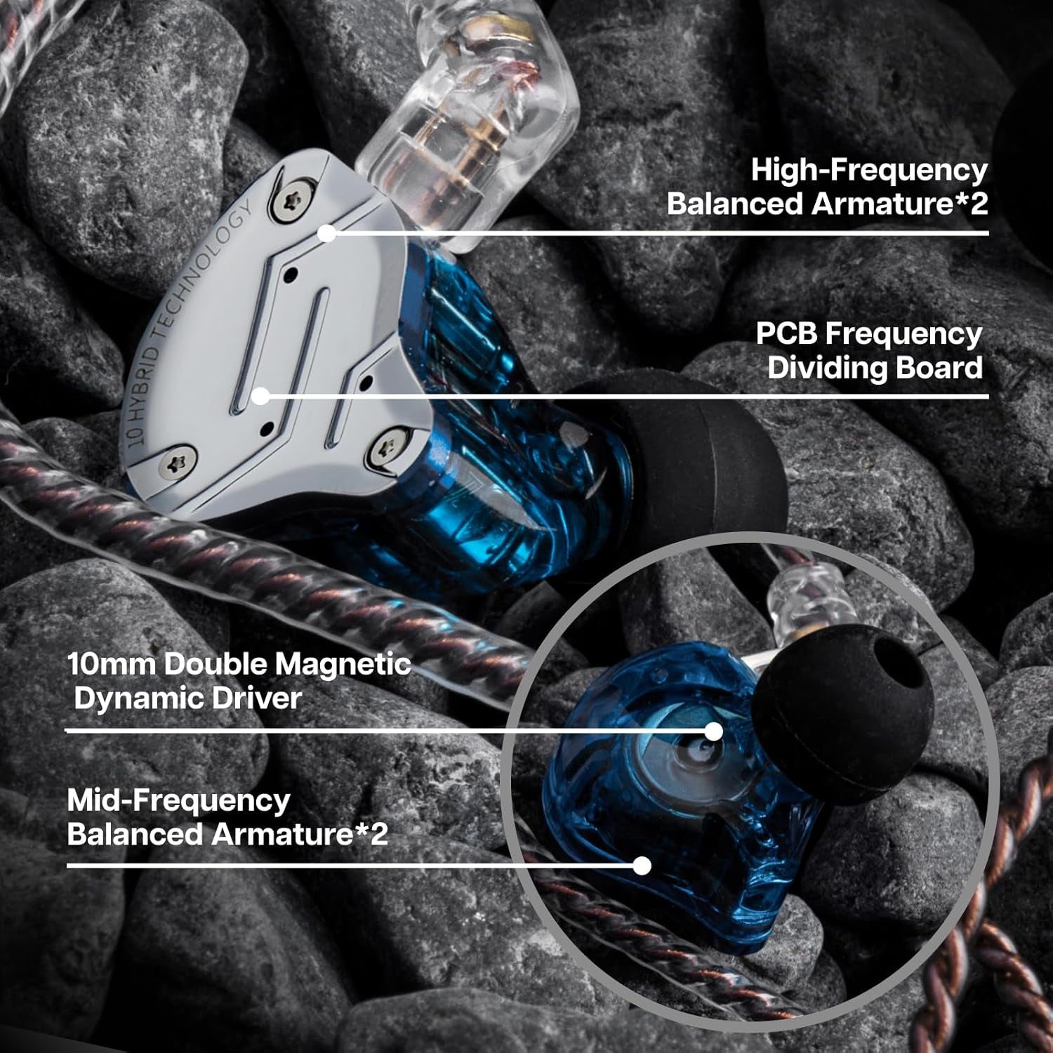 KZ ZS10 Pro, 4BA+1DD 5 Driver in Ear Monitor, Hifi Wired Earbuds, Gaming Earbuds, Hybrid IEM Earphones with Stainless Steel Faceplate, Detachable Cable for Musician (Without Mic, Blue)