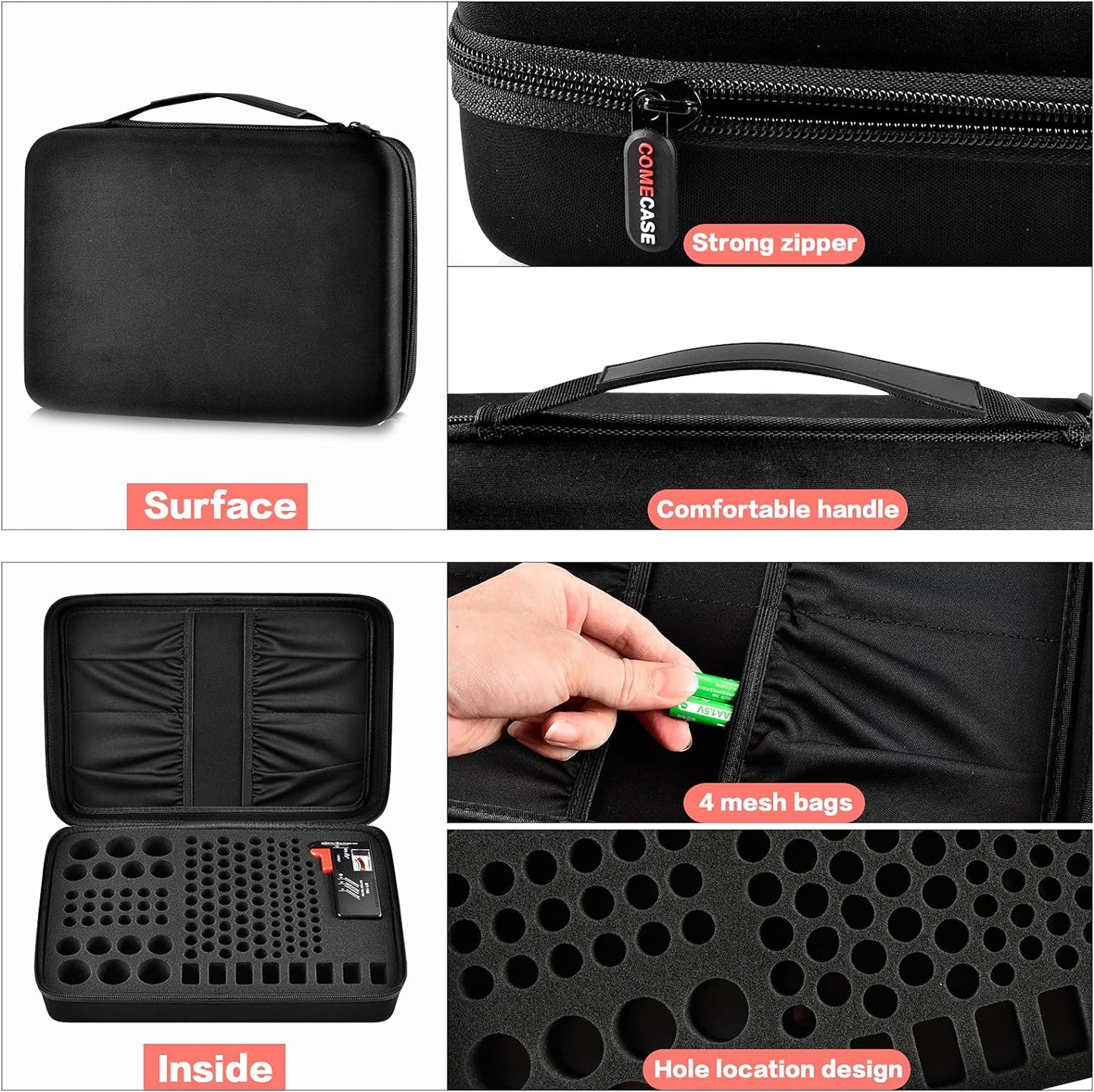 Hard Battery Organizer Storage Box, Carrying Case Bag Holder - Holds 148 Batteries AA AAA C D 9V - with Battery Tester BT-168 (Batteries Are Not Included)