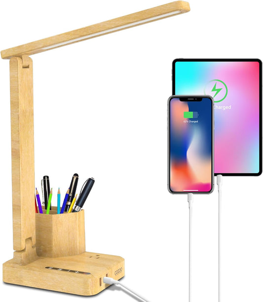 Wood LED Desk Lamp with 3 USB Charging Ports and 2 AC Outlets,3 Color Temperatures & 3 Brightness Levels, Touch/Memory/Timer Function,10W Eye Protection Foldable Reading Light,Office Table Lamp Wood